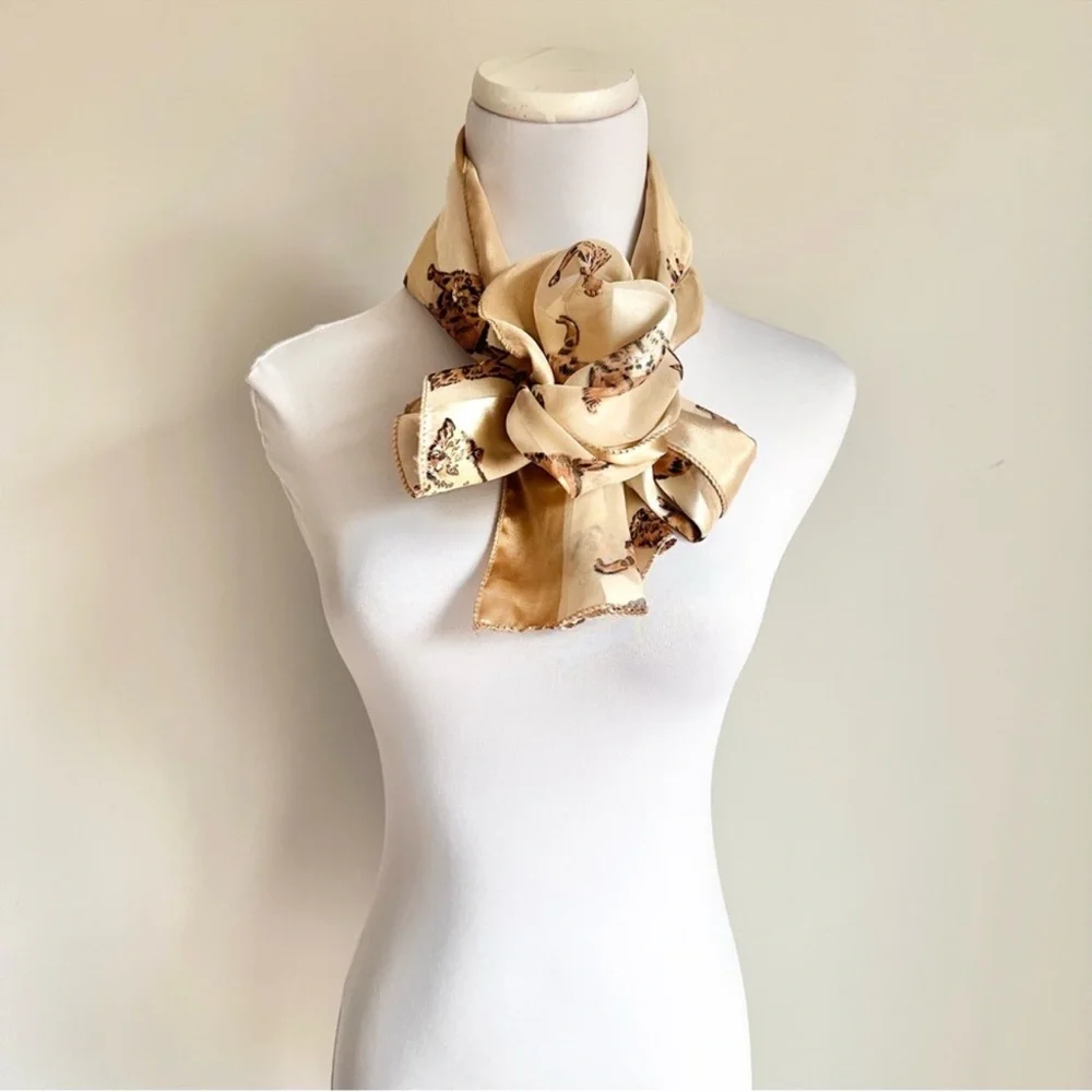 Metallic Gold Cream Chiffon Satin Silky Cat Print Scarf